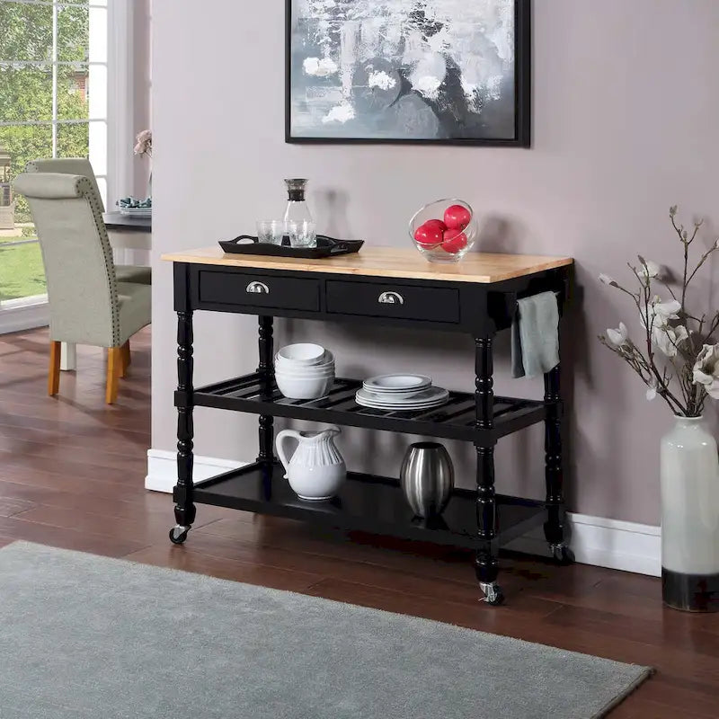 French Country Butcher Block Kitchen Cart with Drawers and Shelves