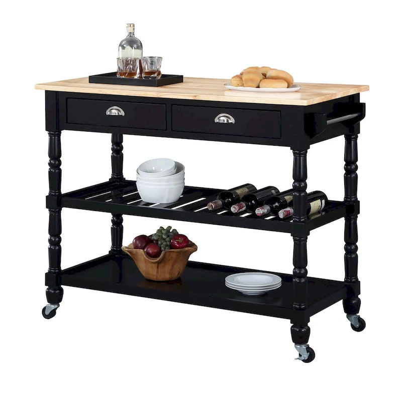 French Country Butcher Block Kitchen Cart with Drawers and Shelves