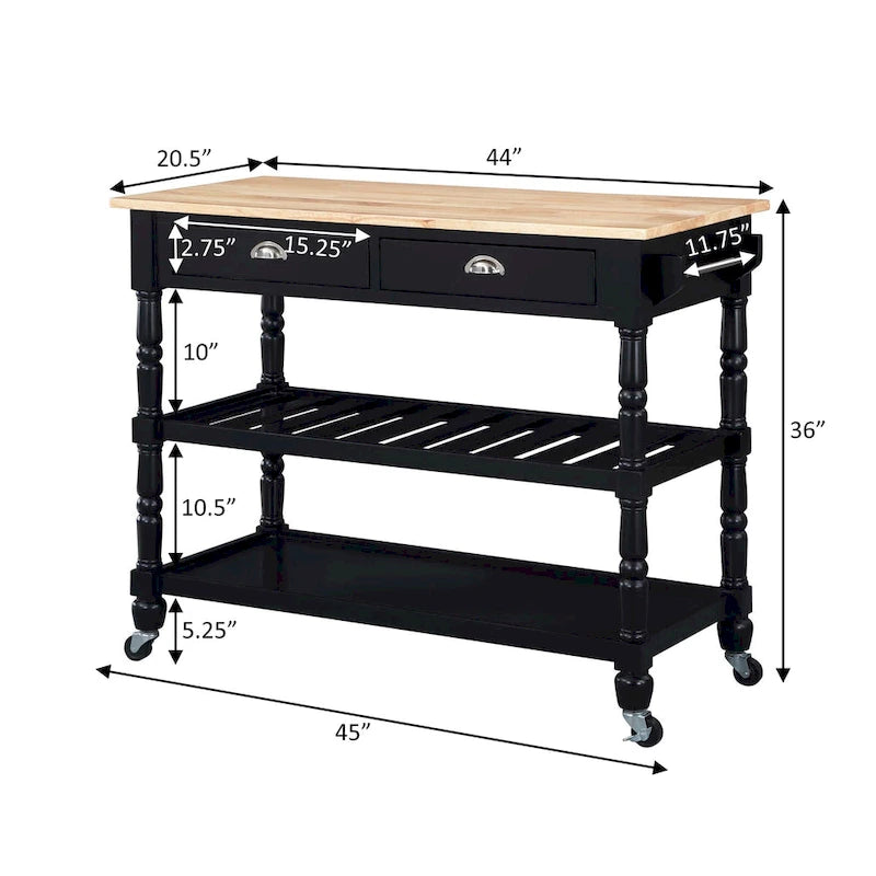 French Country Butcher Block Kitchen Cart with Drawers and Shelves
