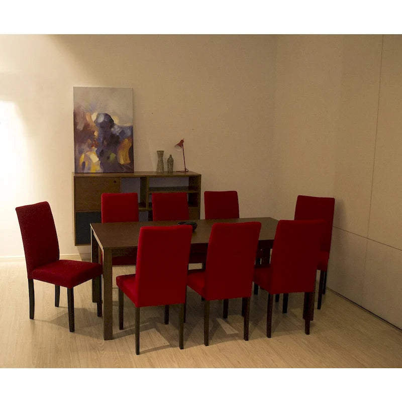 Eight Red Upholstered Dining Chairs with Cappuccino Finish