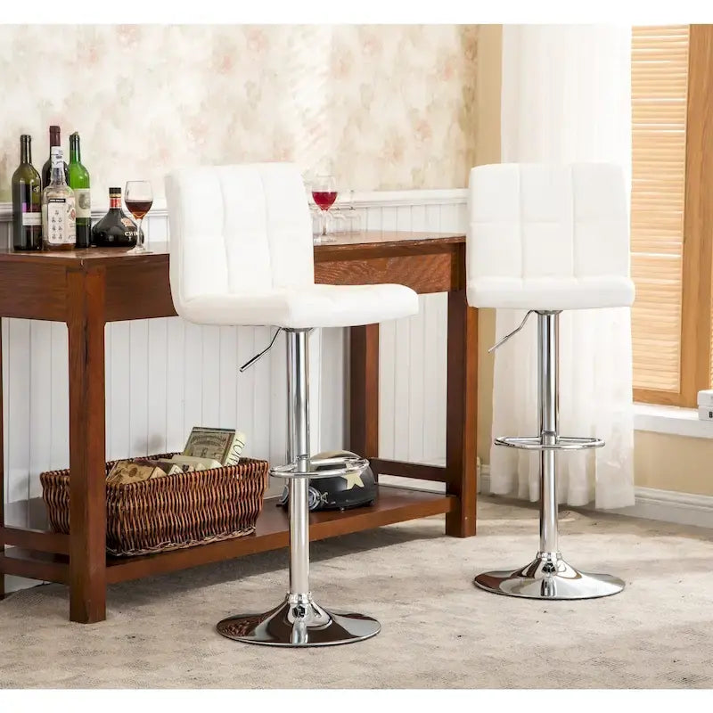 Pair of Adjustable Swivel Bar Stools with Tufted Faux Leather Seats