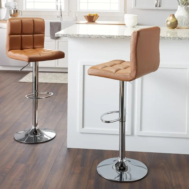 Pair of Adjustable Swivel Bar Stools with Tufted Faux Leather Seats