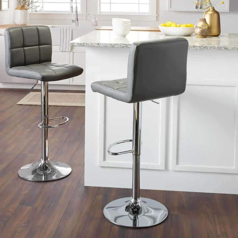 Pair of Adjustable Swivel Bar Stools with Tufted Faux Leather Seats