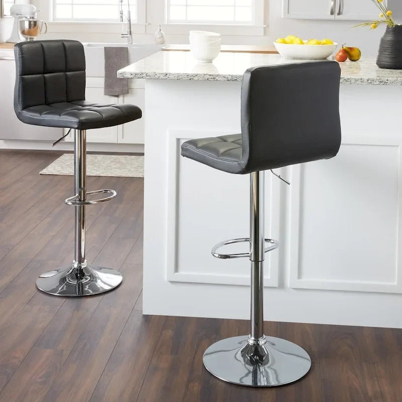 Pair of Adjustable Swivel Bar Stools with Tufted Faux Leather Seats