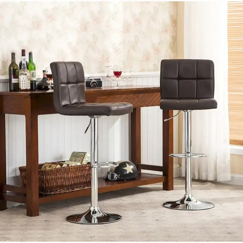 Pair of Adjustable Swivel Bar Stools with Tufted Faux Leather Seats