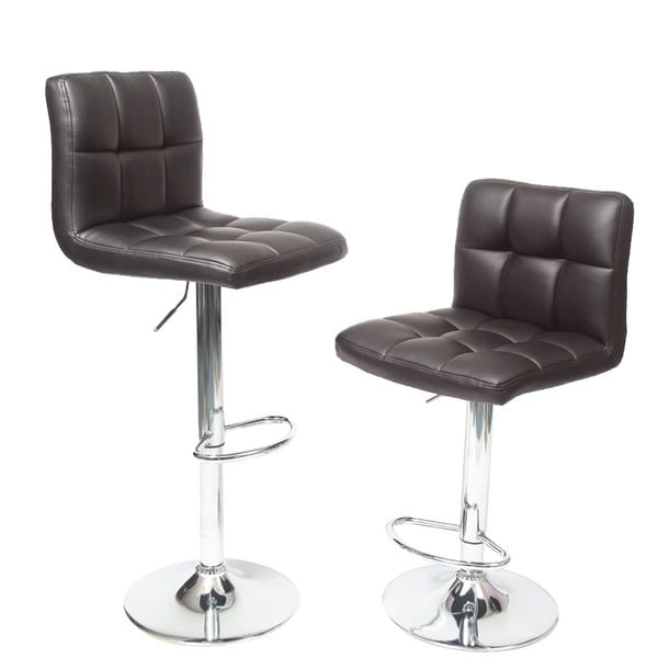 Pair of Adjustable Swivel Bar Stools with Tufted Faux Leather Seats