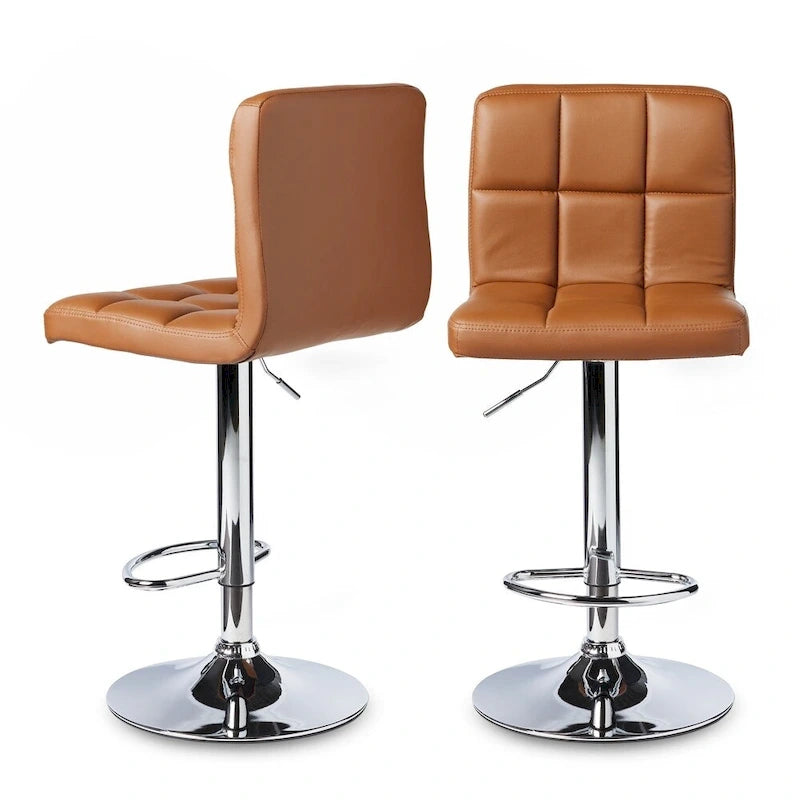 Pair of Adjustable Swivel Bar Stools with Tufted Faux Leather Seats