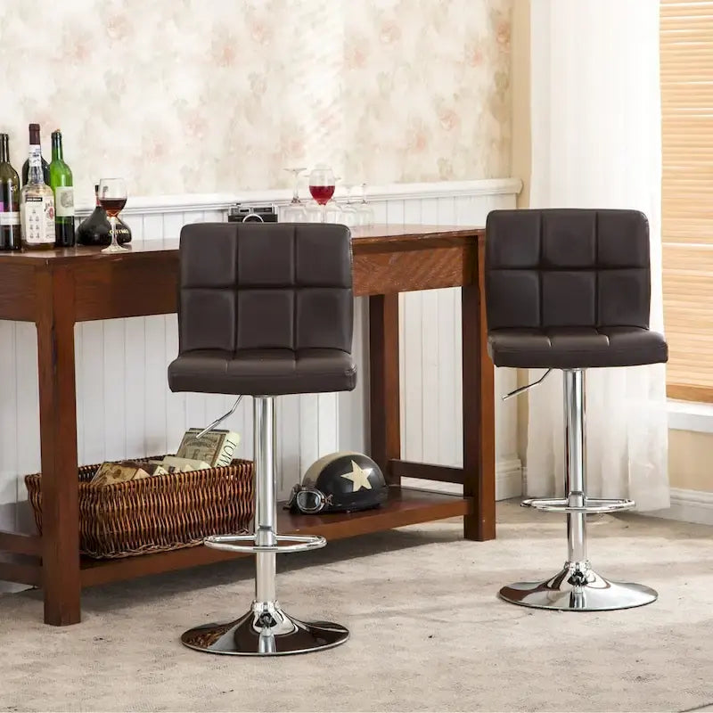 Pair of Adjustable Swivel Bar Stools with Tufted Faux Leather Seats