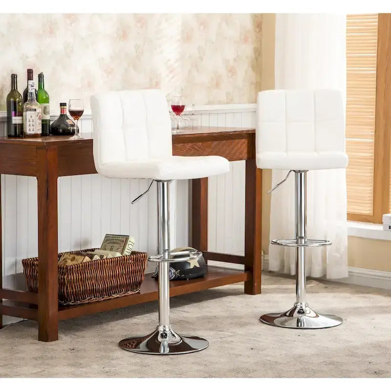 Pair of Adjustable Swivel Bar Stools with Tufted Faux Leather Seats