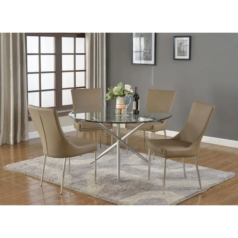 Brown Faux Leather Dining Chairs with Stainless Steel Legs, Pair
