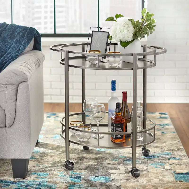 Oval Metal Bar Cart with Two Shelves and Locking Casters