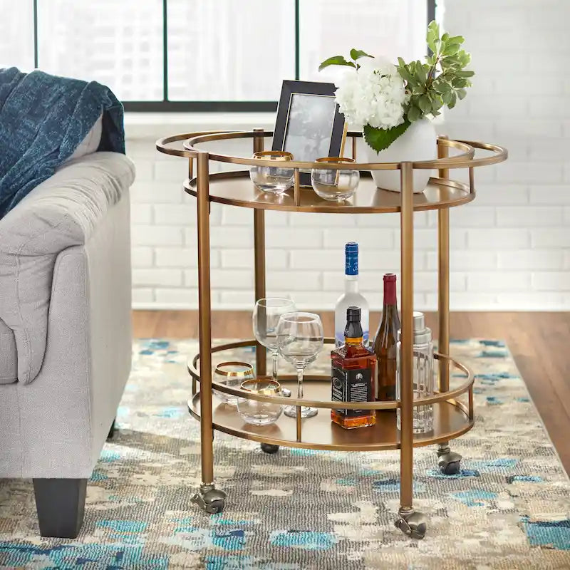 Oval Metal Bar Cart with Two Shelves and Locking Casters