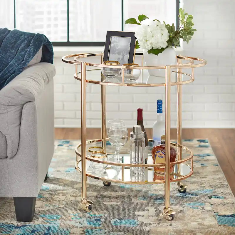 Oval Metal Bar Cart with Two Shelves and Locking Casters