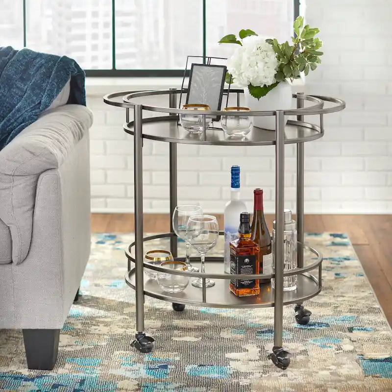 Oval Metal Bar Cart with Two Shelves and Locking Casters