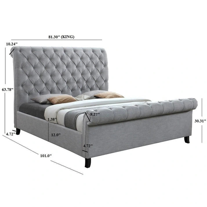 Pietro Gray Fabric Upholstered Tufted Sleigh Platform Bed