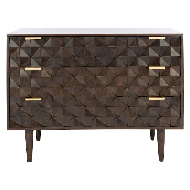 Three-Drawer Walnut Chest Dresser with Geometric Carving