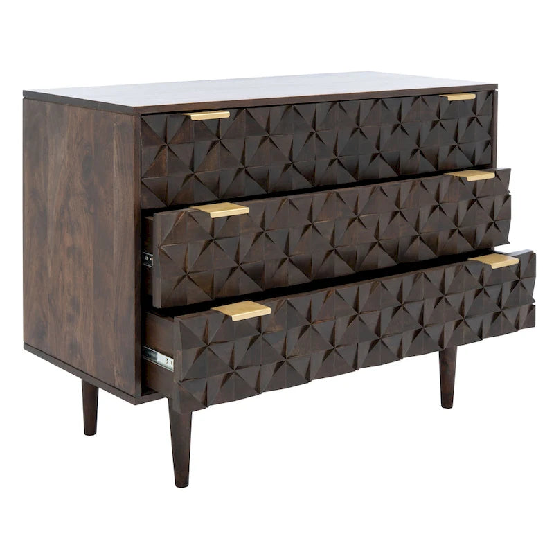 Three-Drawer Walnut Chest Dresser with Geometric Carving