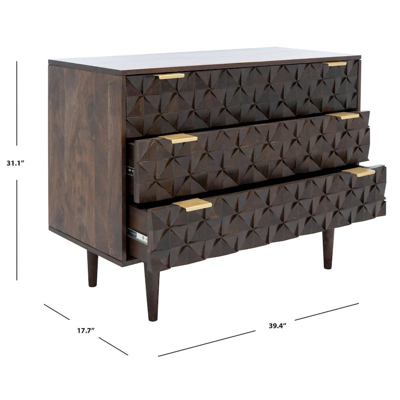 Three-Drawer Walnut Chest Dresser with Geometric Carving