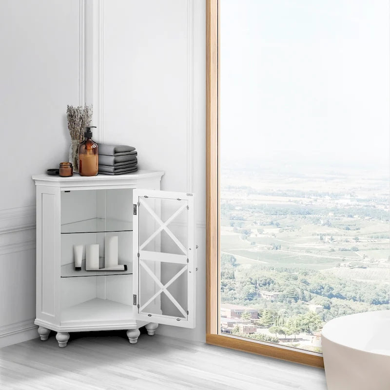 White Corner Floor Accent Cabinet with Glass Door