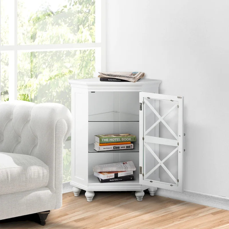 White Corner Floor Accent Cabinet with Glass Door