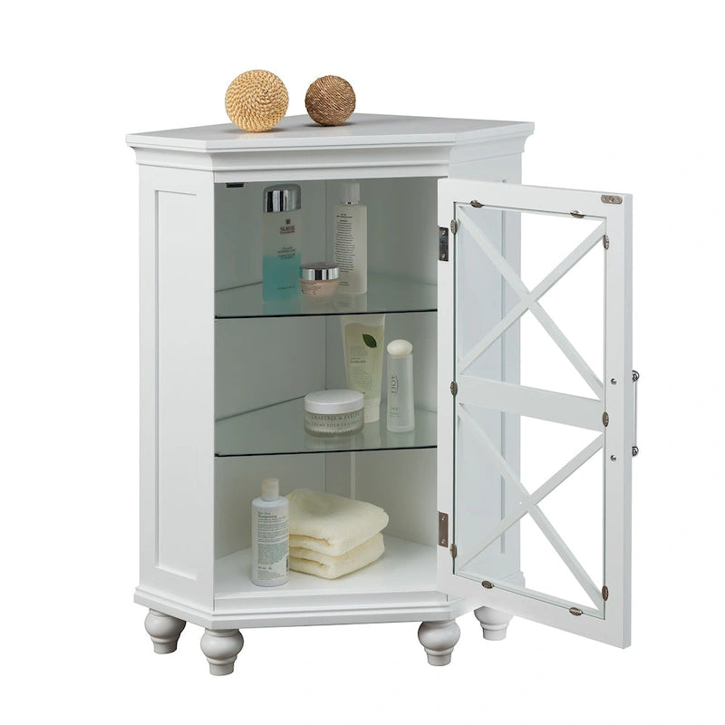 White Corner Floor Accent Cabinet with Glass Door