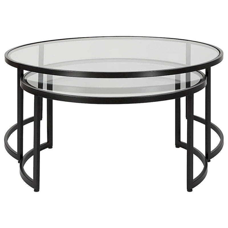 Paire de tables basses gigognes noires avec plateaux en verre trempé