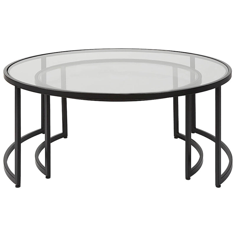 Paire de tables basses gigognes noires avec plateaux en verre trempé