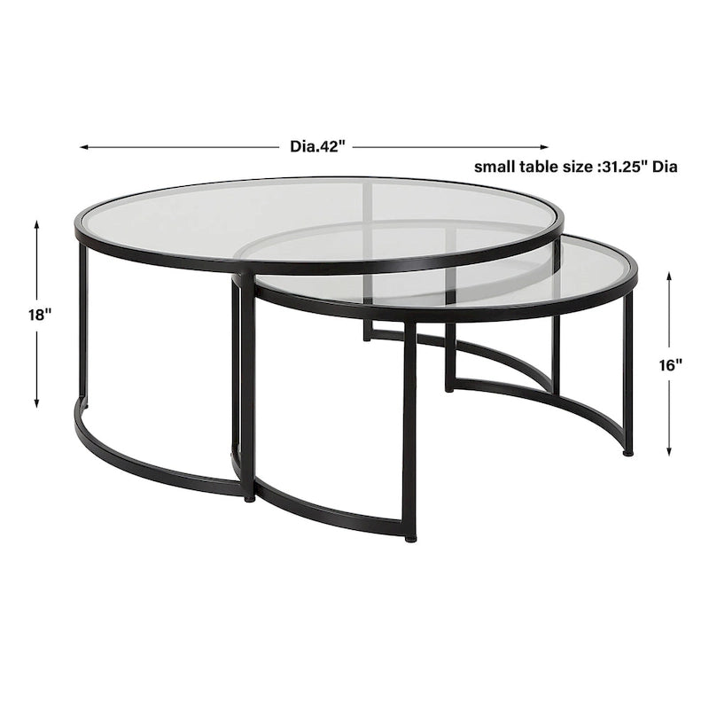 Paire de tables basses gigognes noires avec plateaux en verre trempé