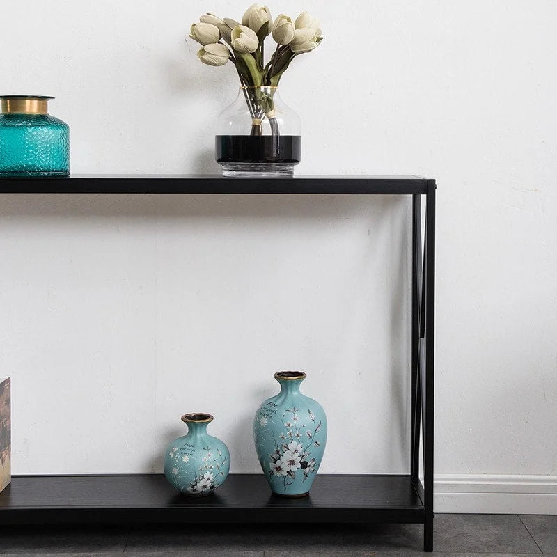 Triamine Board Cross Iron Frame Narrow Console Table