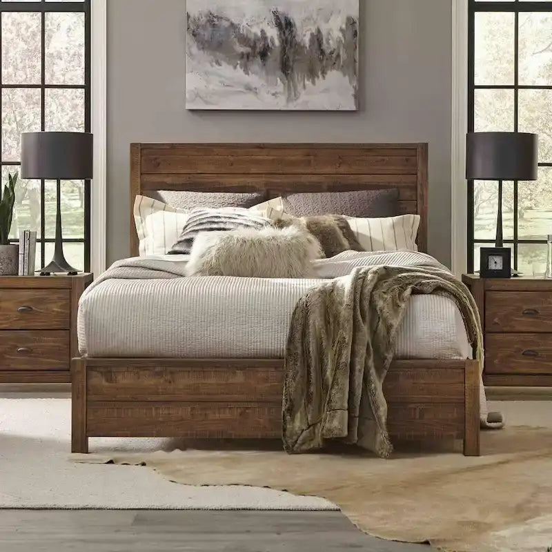 Walnut Finish Queen Solid Pine Platform Bed