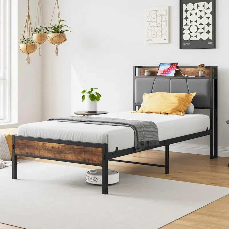Twin Size Bed Frame, Storage Headboard with Charging Station, No Box Spring Needed