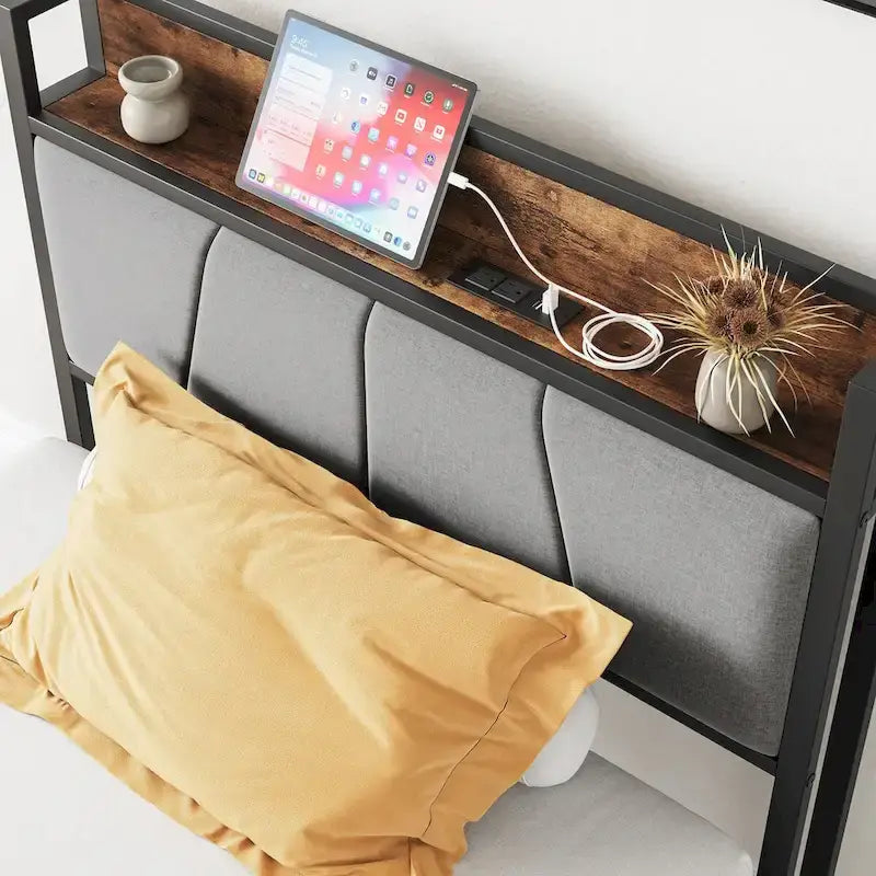 Twin Size Bed Frame, Storage Headboard with Charging Station, No Box Spring Needed