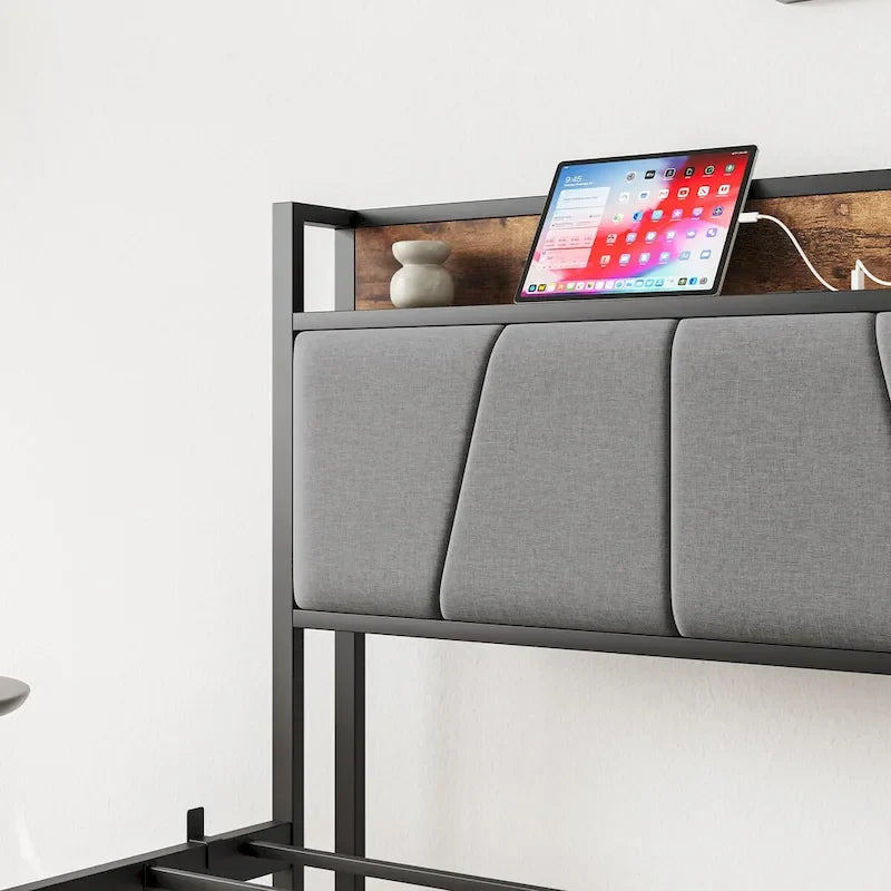 Twin Size Bed Frame, Storage Headboard with Charging Station, No Box Spring Needed