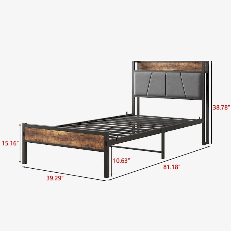 Twin Size Bed Frame, Storage Headboard with Charging Station, No Box Spring Needed