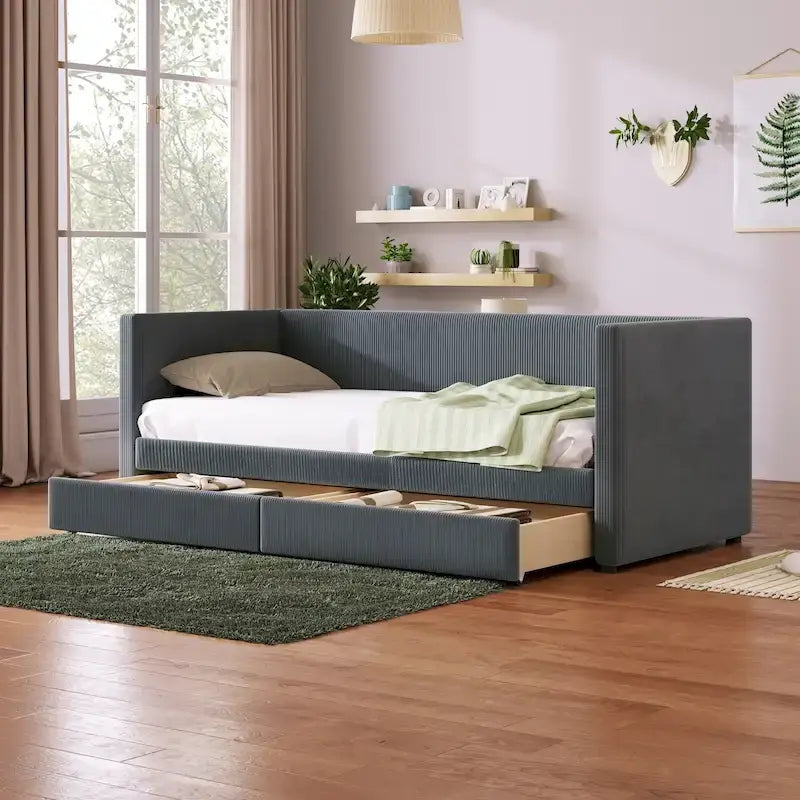 Twin Size Corduroy Upholstered Daybed with Two Storage Drawers and Wood Slat Frame & Headboard, No Box Spring Needed