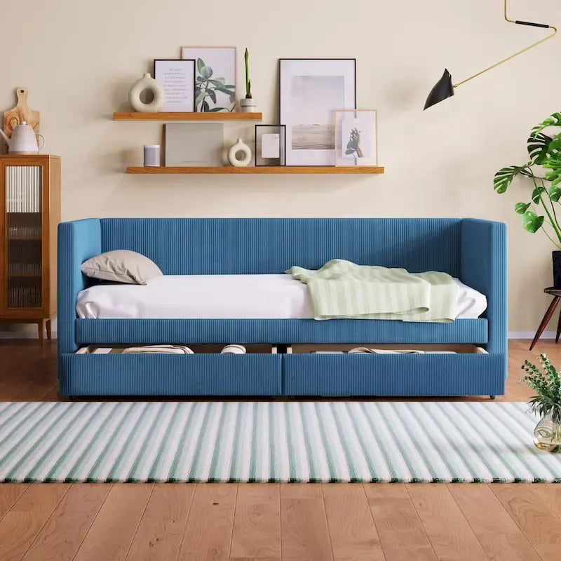 Twin Size Corduroy Upholstered Daybed with Two Storage Drawers and Wood Slat Frame & Headboard, No Box Spring Needed