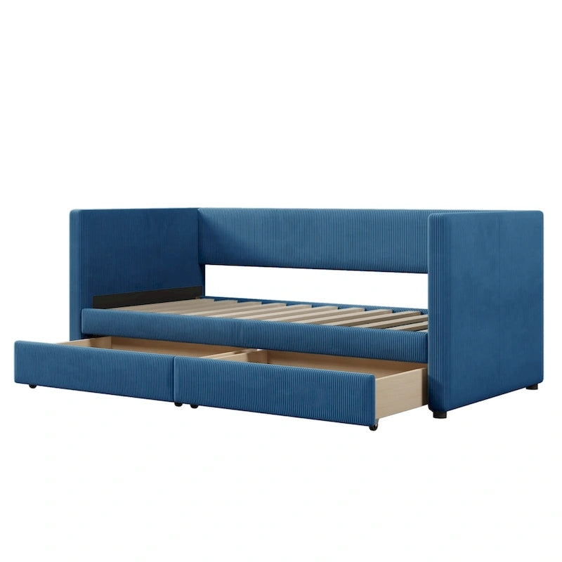 Twin Size Corduroy Upholstered Daybed with Two Storage Drawers and Wood Slat Frame & Headboard, No Box Spring Needed