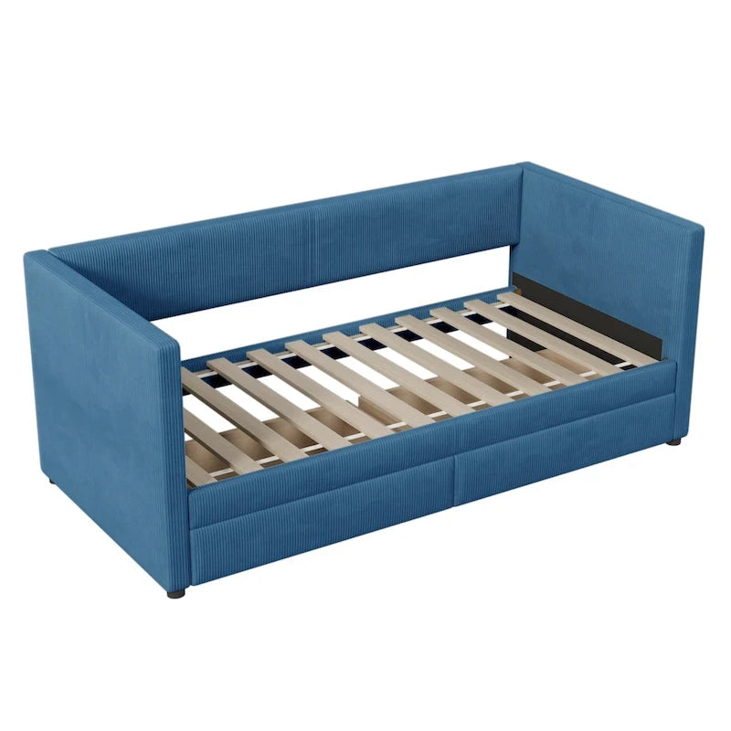 Twin Size Corduroy Upholstered Daybed with Two Storage Drawers and Wood Slat Frame & Headboard, No Box Spring Needed