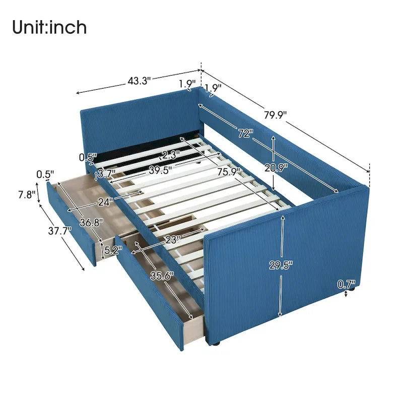 Twin Size Corduroy Upholstered Daybed with Two Storage Drawers and Wood Slat Frame & Headboard, No Box Spring Needed
