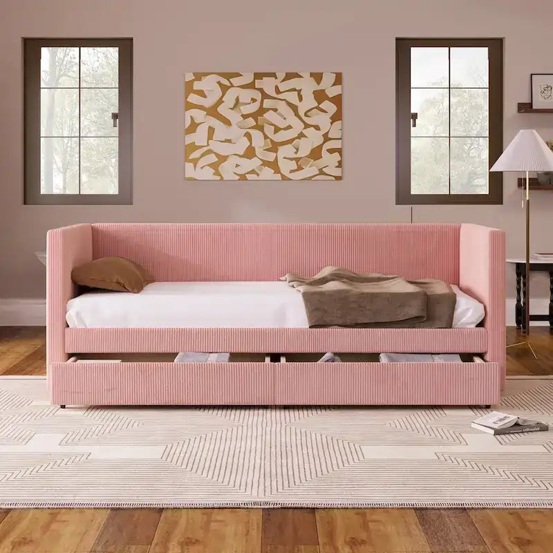 Twin Size Corduroy Upholstered Daybed with Two Storage Drawers and Wood Slat Frame & Headboard, No Box Spring Needed