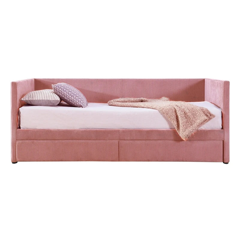 Twin Size Corduroy Upholstered Daybed with Two Storage Drawers and Wood Slat Frame & Headboard, No Box Spring Needed
