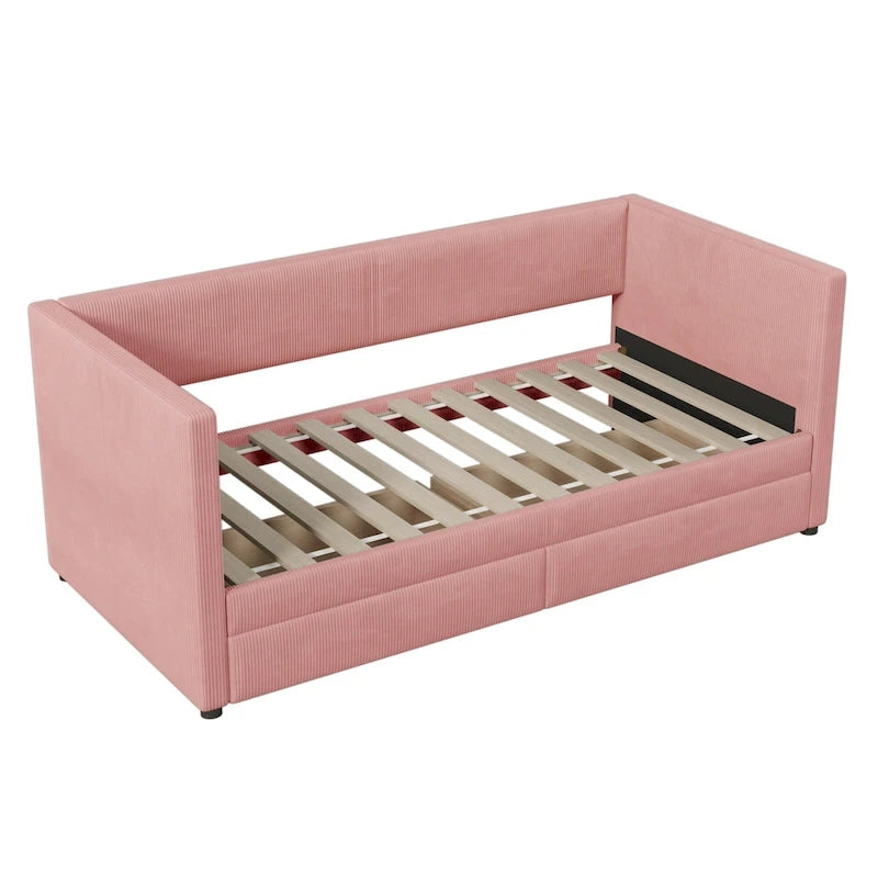 Twin Size Corduroy Upholstered Daybed with Two Storage Drawers and Wood Slat Frame & Headboard, No Box Spring Needed
