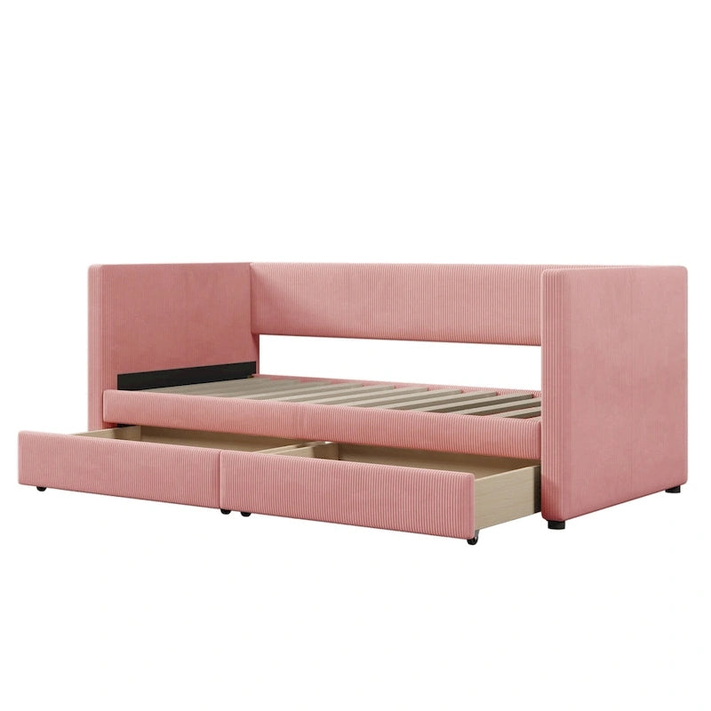 Twin Size Corduroy Upholstered Daybed with Two Storage Drawers and Wood Slat Frame & Headboard, No Box Spring Needed