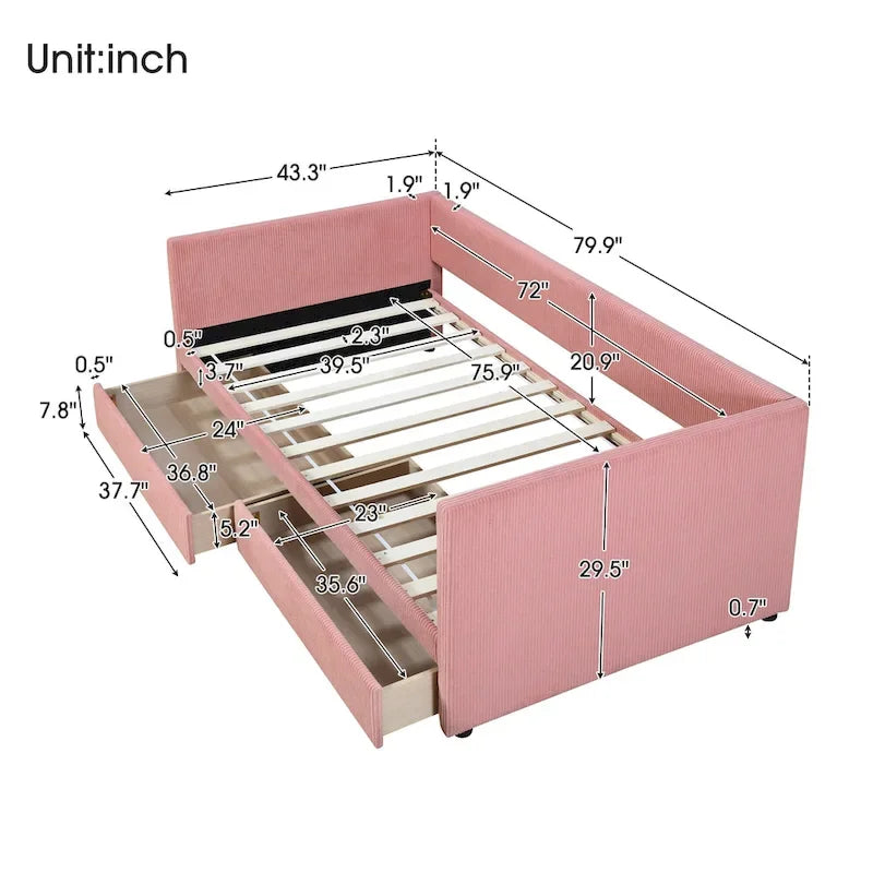 Twin Size Corduroy Upholstered Daybed with Two Storage Drawers and Wood Slat Frame & Headboard, No Box Spring Needed