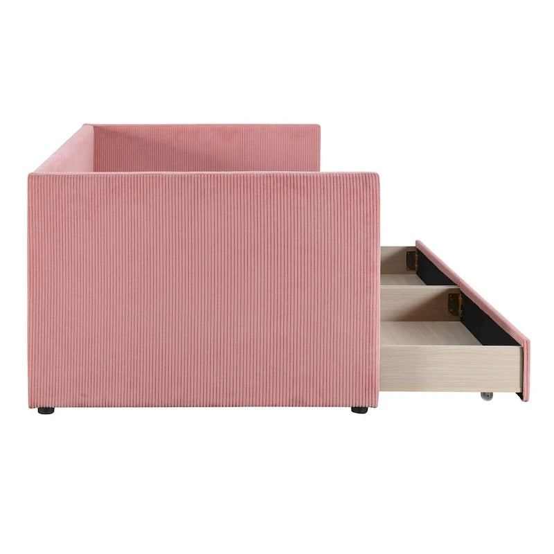 Twin Size Corduroy Upholstered Daybed with Two Storage Drawers and Wood Slat Frame & Headboard, No Box Spring Needed