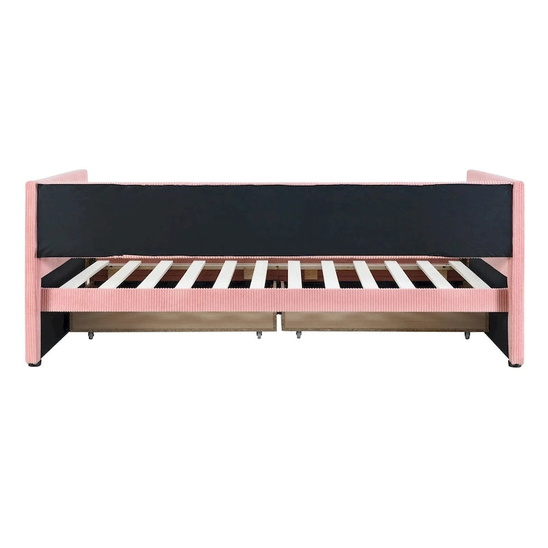 Twin Size Corduroy Upholstered Daybed with Two Storage Drawers and Wood Slat Frame & Headboard, No Box Spring Needed