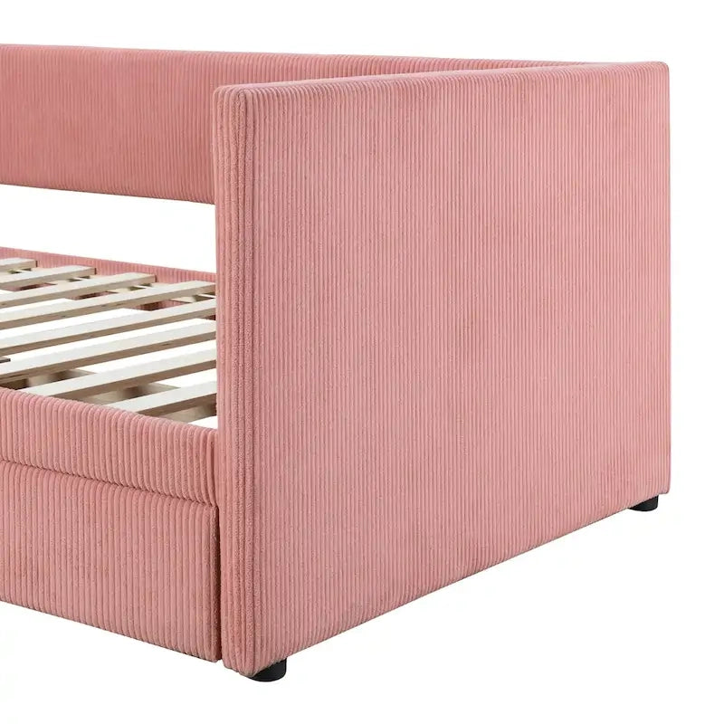 Twin Size Corduroy Upholstered Daybed with Two Storage Drawers and Wood Slat Frame & Headboard, No Box Spring Needed