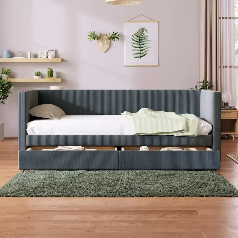 Twin Size Corduroy Upholstered Daybed with Two Storage Drawers and Wood Slat Frame & Headboard, No Box Spring Needed