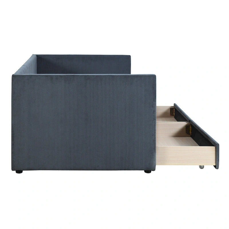 Twin Size Corduroy Upholstered Daybed with Two Storage Drawers and Wood Slat Frame & Headboard, No Box Spring Needed