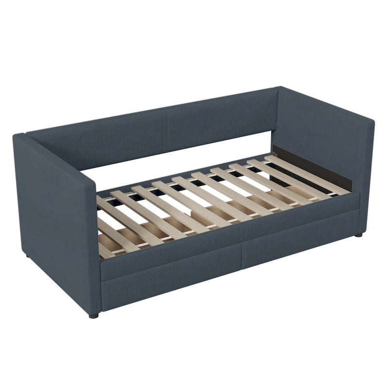 Twin Size Corduroy Upholstered Daybed with Two Storage Drawers and Wood Slat Frame & Headboard, No Box Spring Needed
